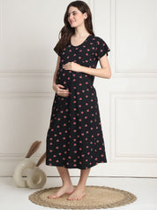Printed Black Hosiery Short Maternity Feeding Nighty