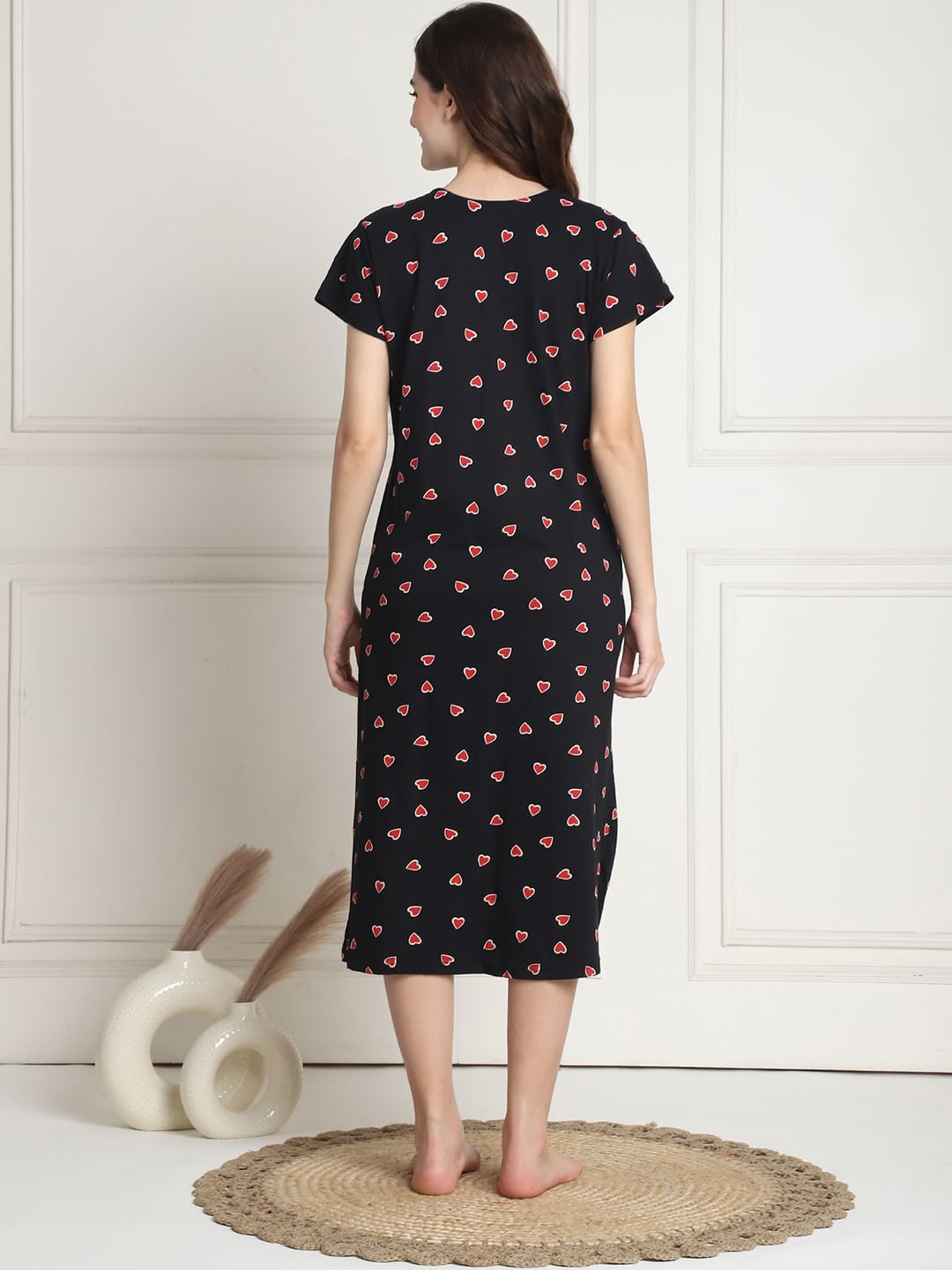 Printed Black Hosiery Short Maternity Feeding Nighty
