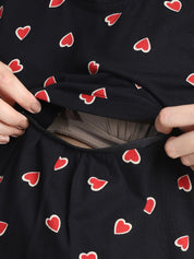 Printed Black Hosiery Short Maternity Feeding Nighty