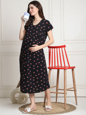 Printed Black Hosiery Short Maternity Feeding Nighty