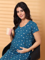 Blue Floral Hosiery Short Maternity Nighty