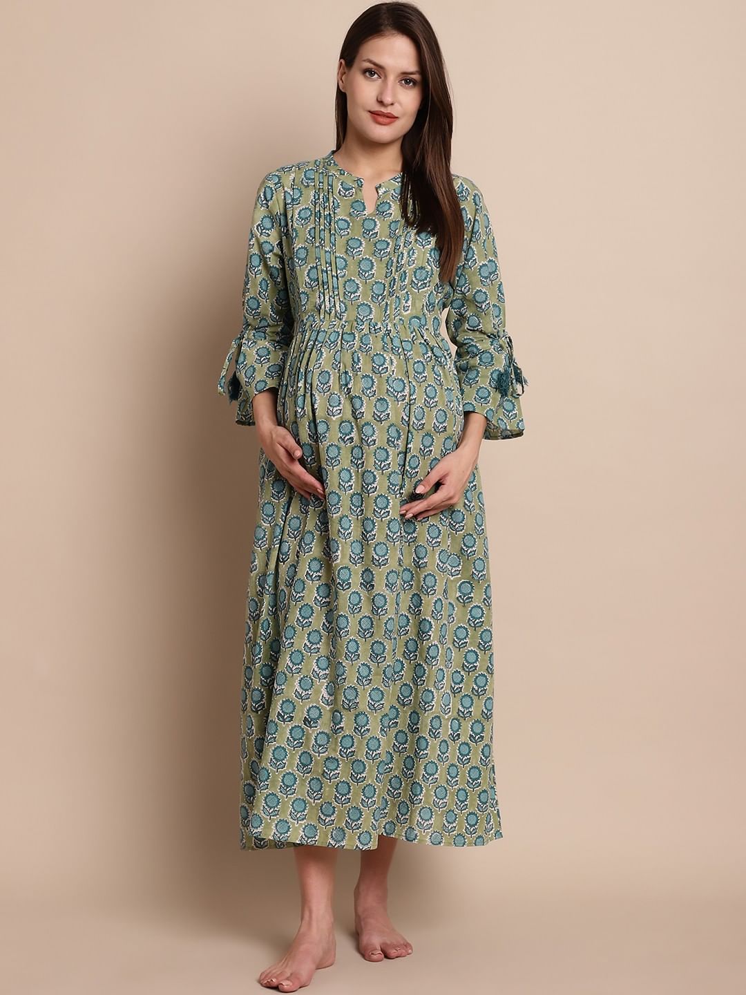 Green Floral Block Print Maternity Dress