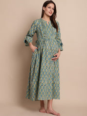 Green Floral Block Print Maternity Dress