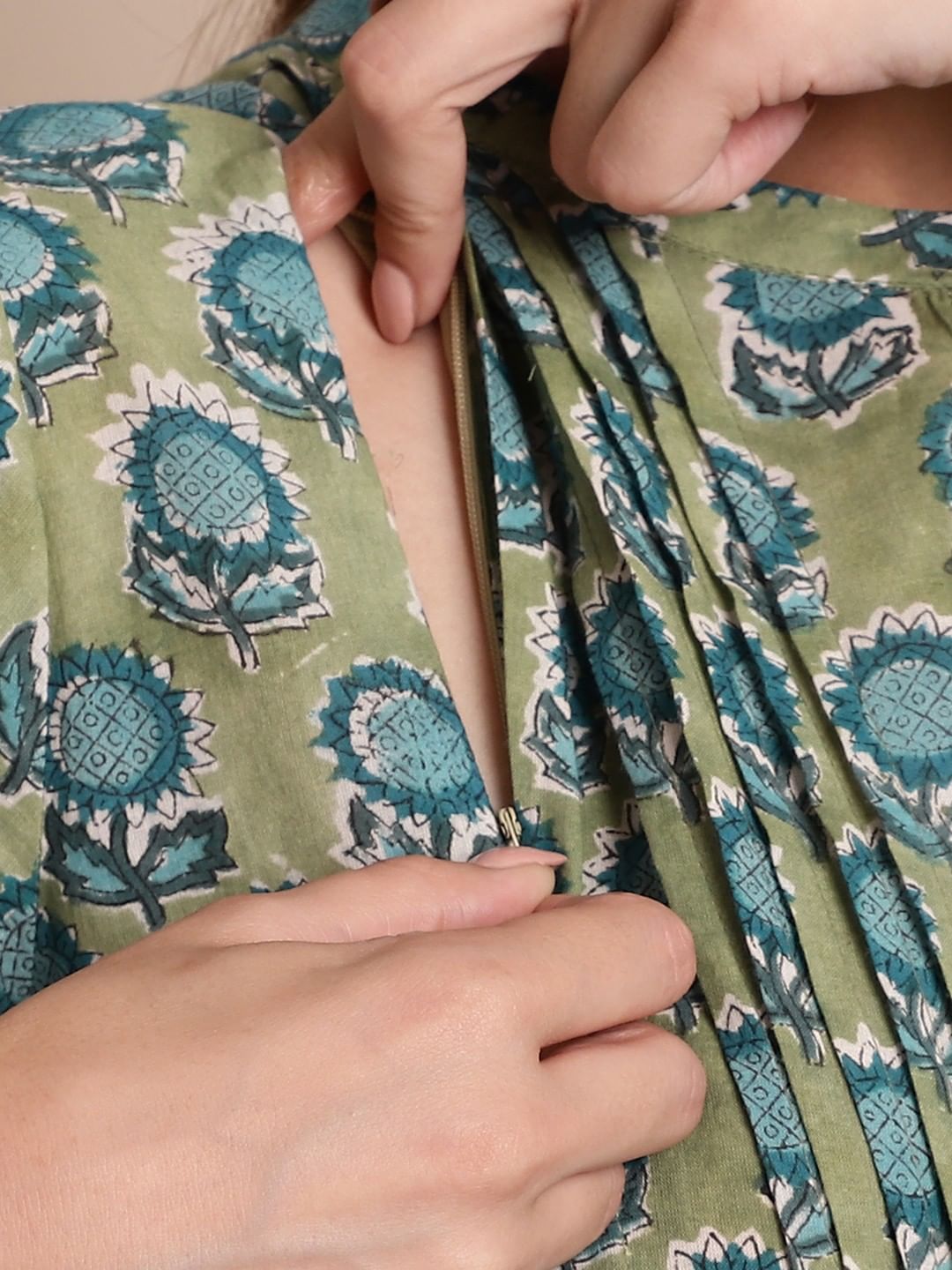 Green Floral Block Print Maternity Dress