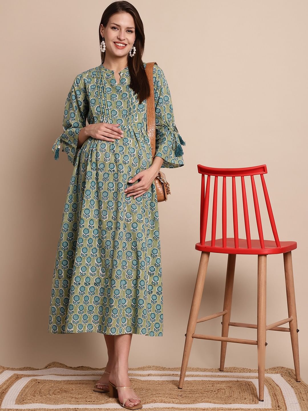 Green Floral Block Print Maternity Dress