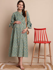 Green Floral Block Print Maternity Dress