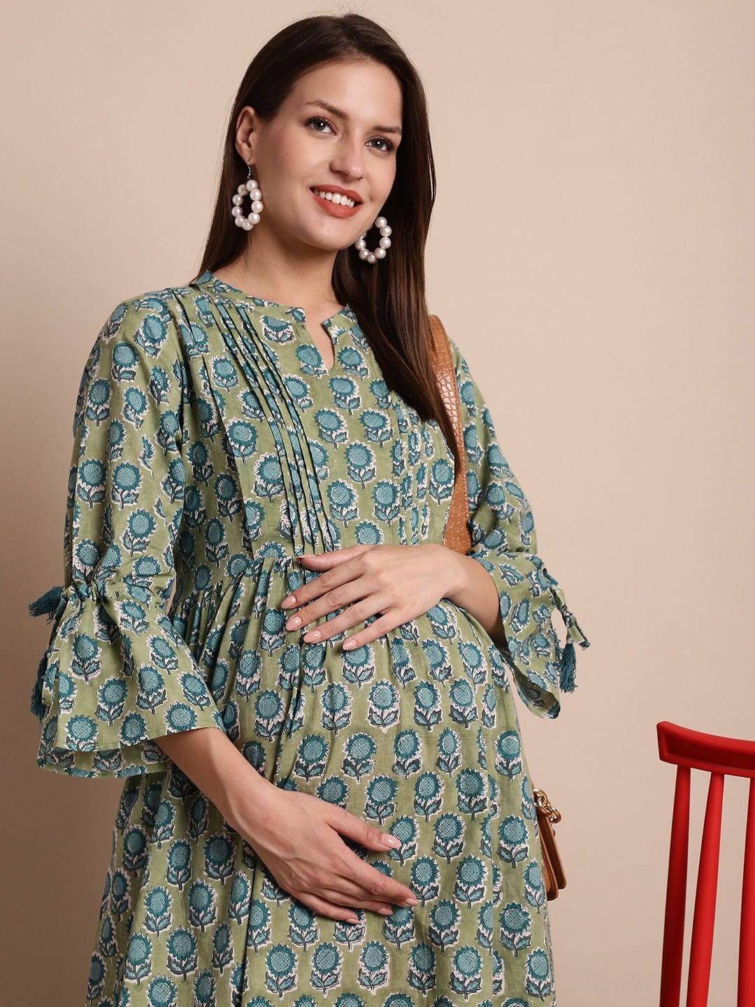 Green Floral Block Print Maternity Dress