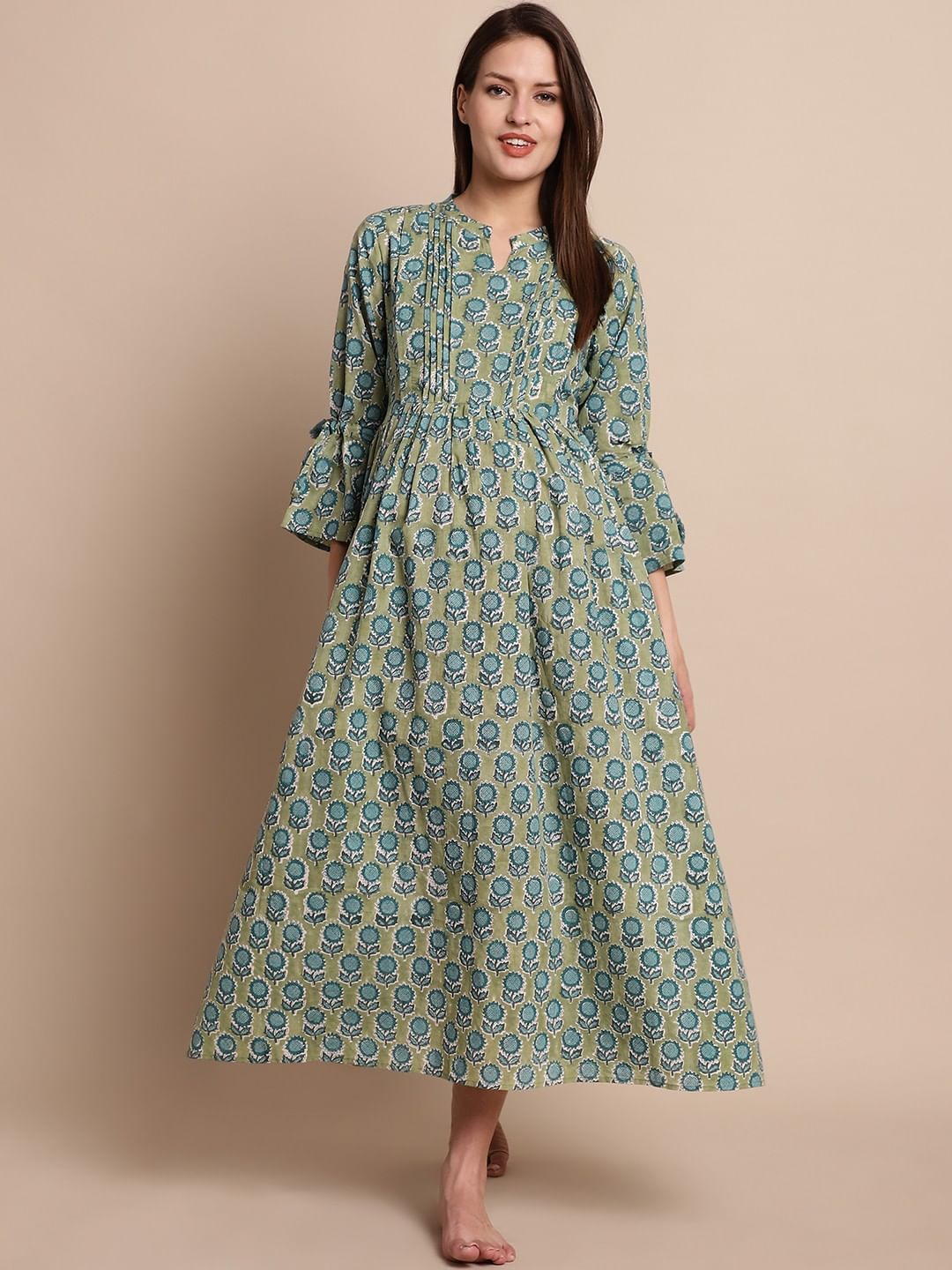 Green Floral Block Print Maternity Dress