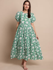 Green Floral Block Print Maternity Dress