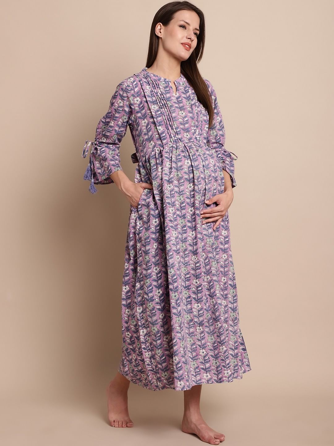 Purple Floral Block Print Maternity Dress