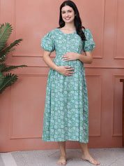 Floral Print Green Cotton Maternity Nightdress