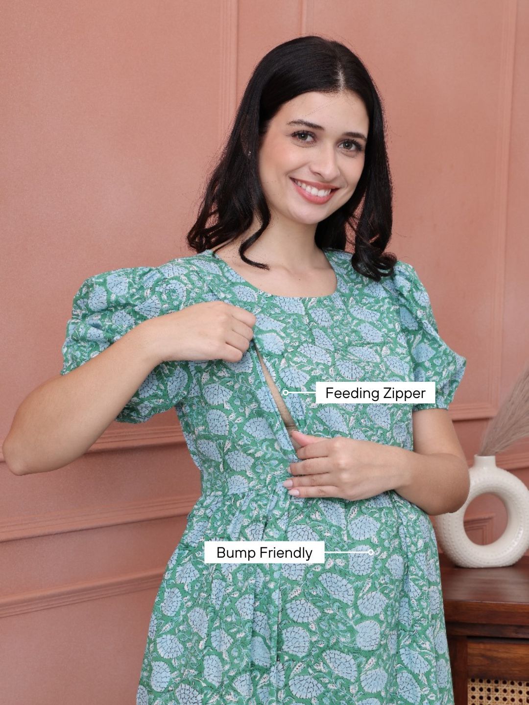 Floral Print Green Cotton Maternity Nightdress