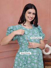 Floral Print Green Cotton Maternity Nightdress
