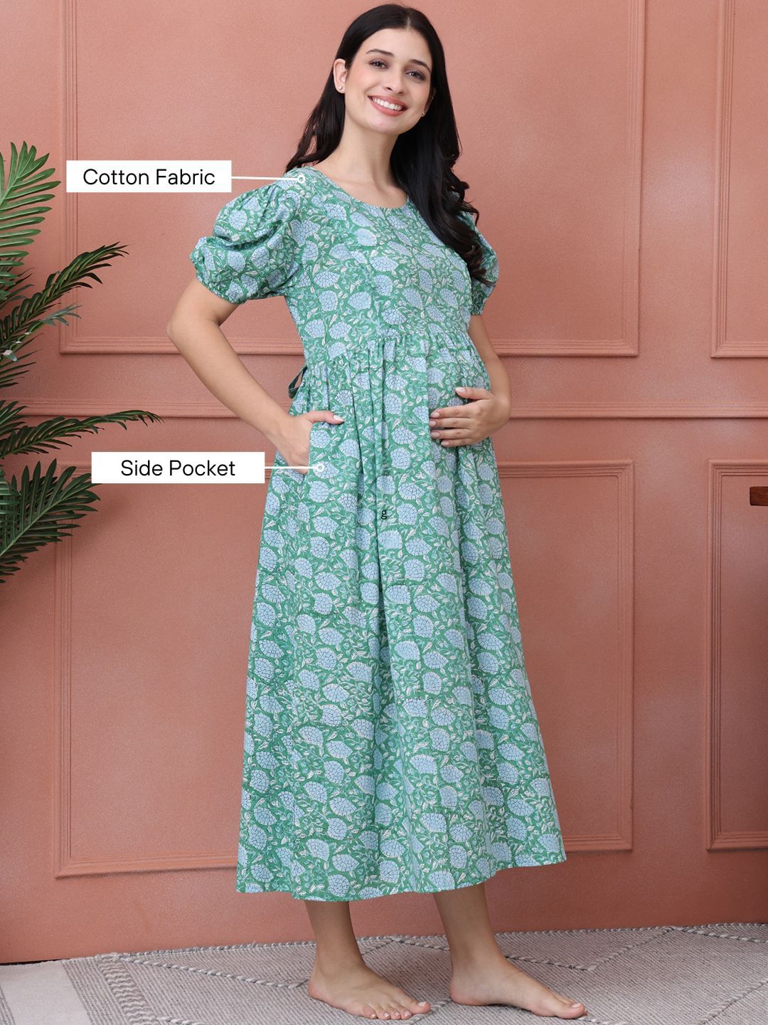Floral Print Green Cotton Maternity Nightdress