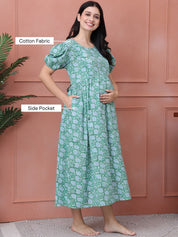 Floral Print Green Cotton Maternity Nightdress
