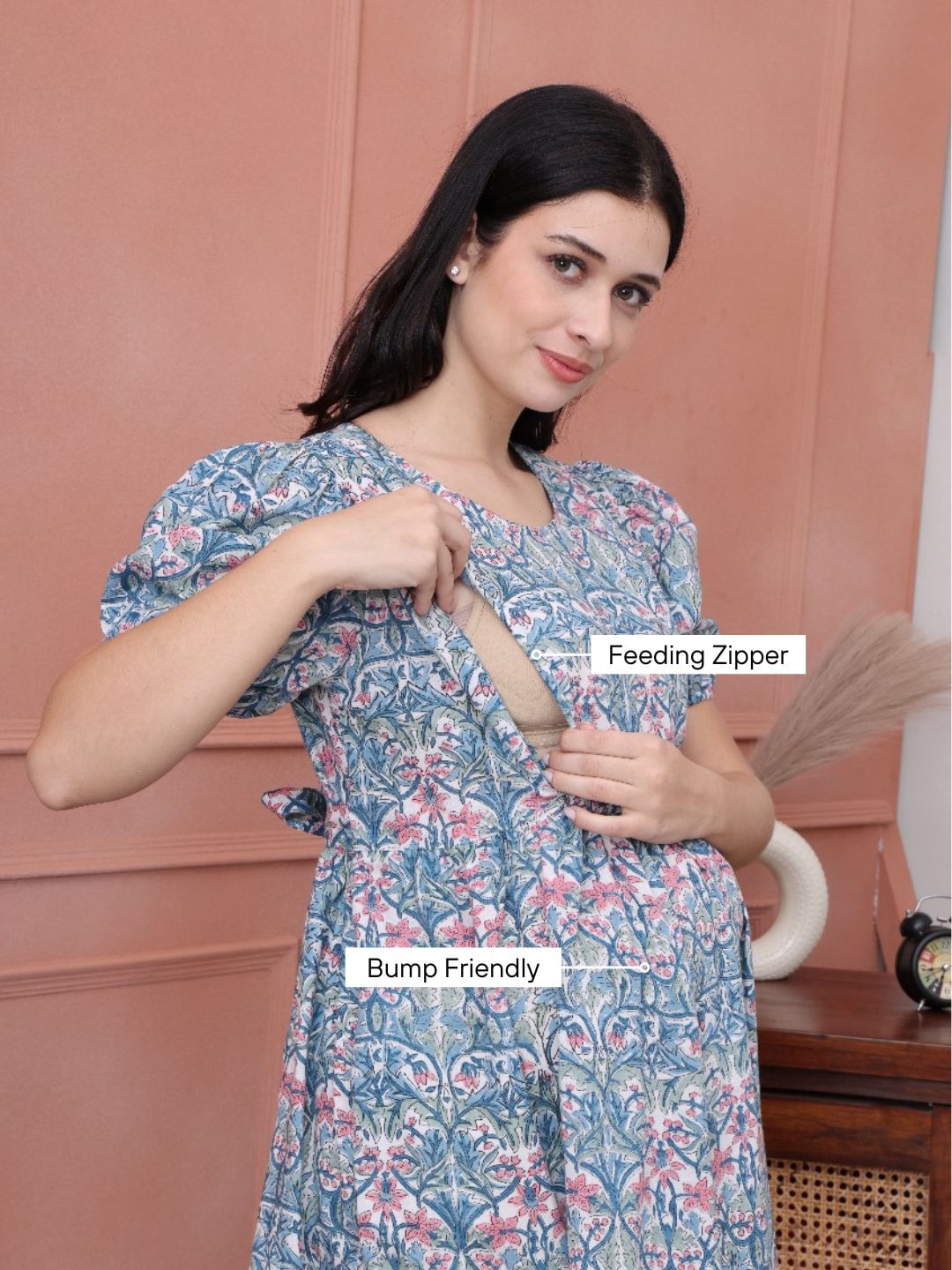 Floral Print Blue Cotton Maternity Nightdress