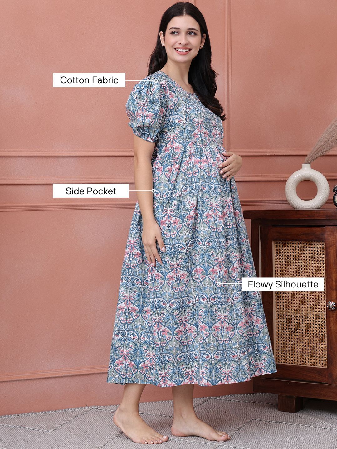 Floral Print Blue Cotton Maternity Nightdress