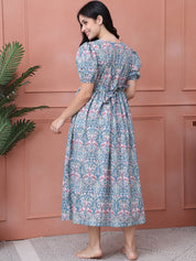 Floral Print Blue Cotton Maternity Nightdress