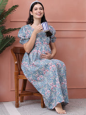 Floral Print Blue Cotton Maternity Nightdress