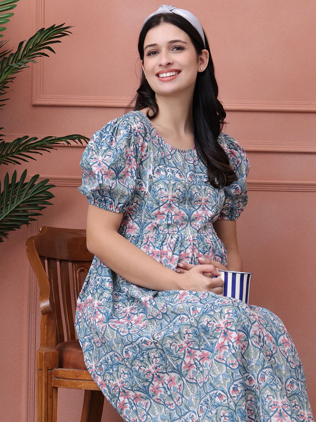 Floral Print Blue Cotton Maternity Nightdress