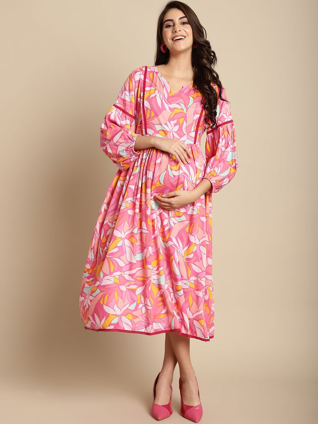 Maternity Nursing Long Sleeve Maternity Nightgown Pink Floral