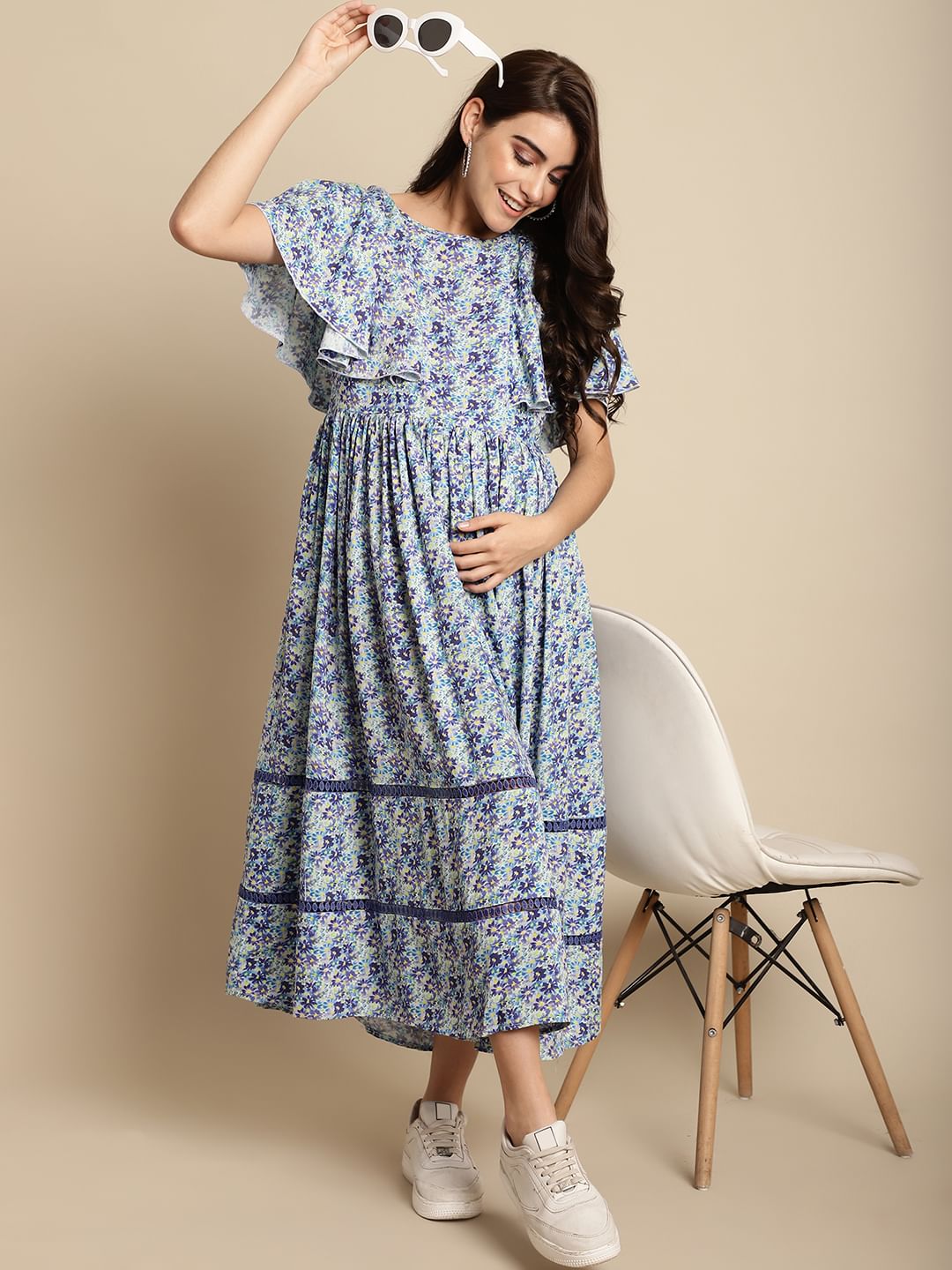 Blue Floral Rayon Maternity Dress