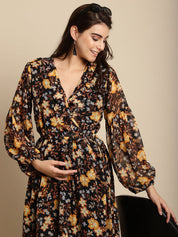 Black Floral Chiffon Maternity Dress