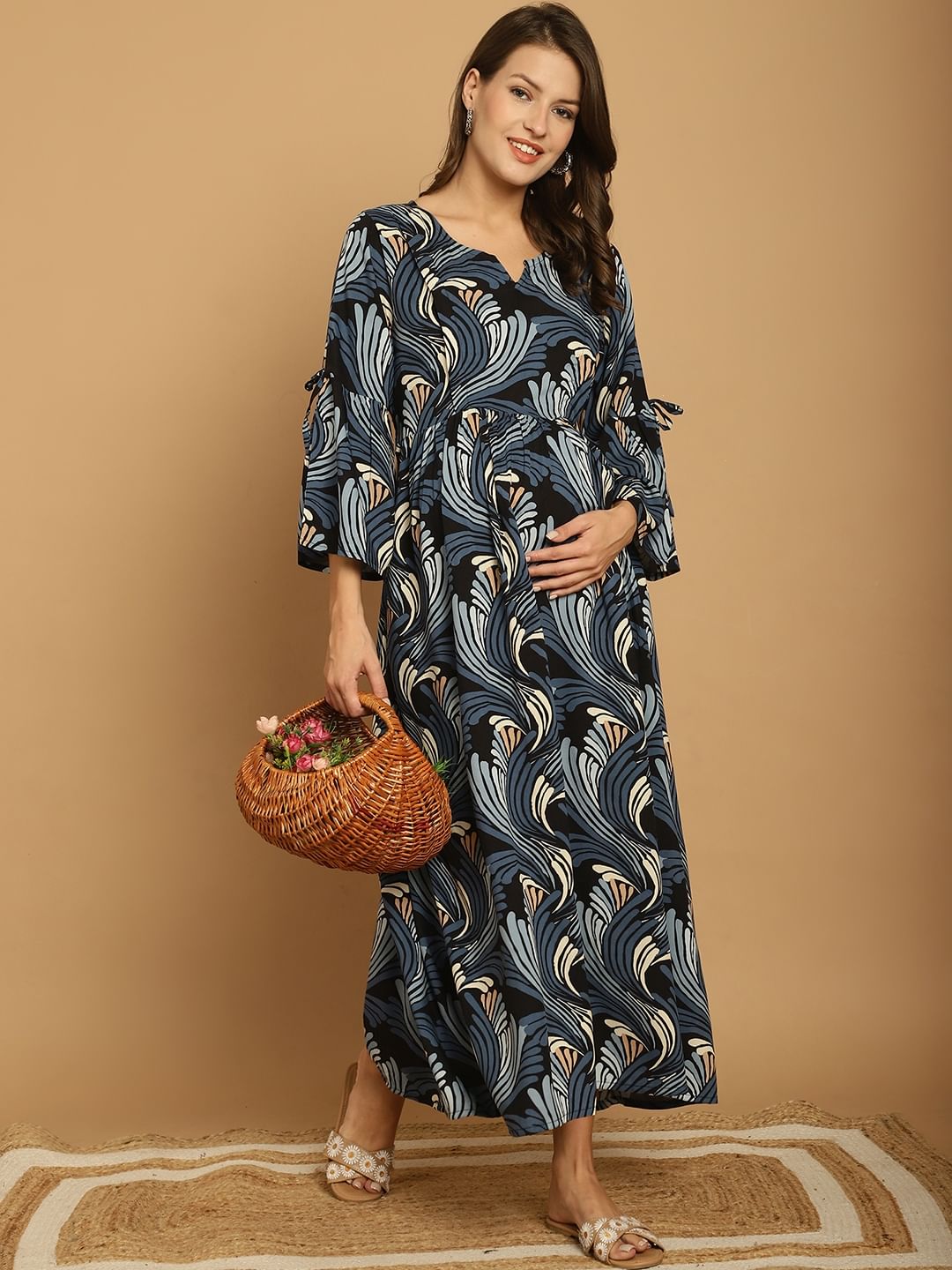 Blue Floral Rayon Maternity Dress