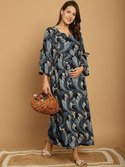 Blue Floral Rayon Maternity Dress