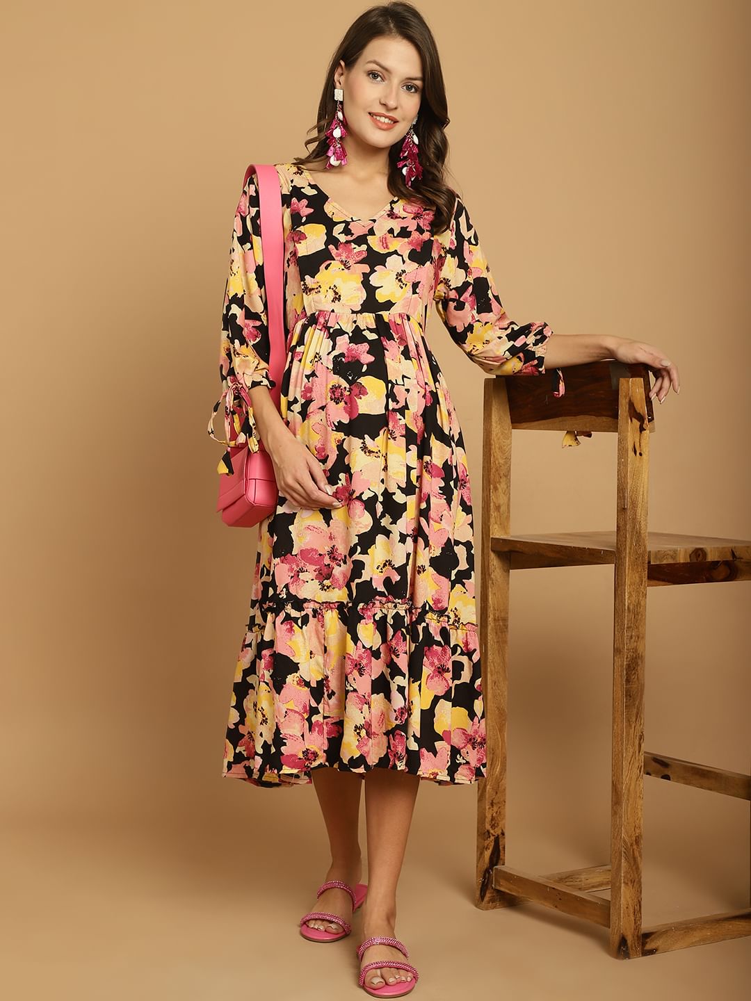 Black Floral Rayon Maternity Dress