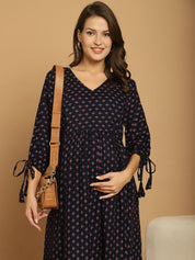 Navy Blue Printed Rayon Maternity Dress