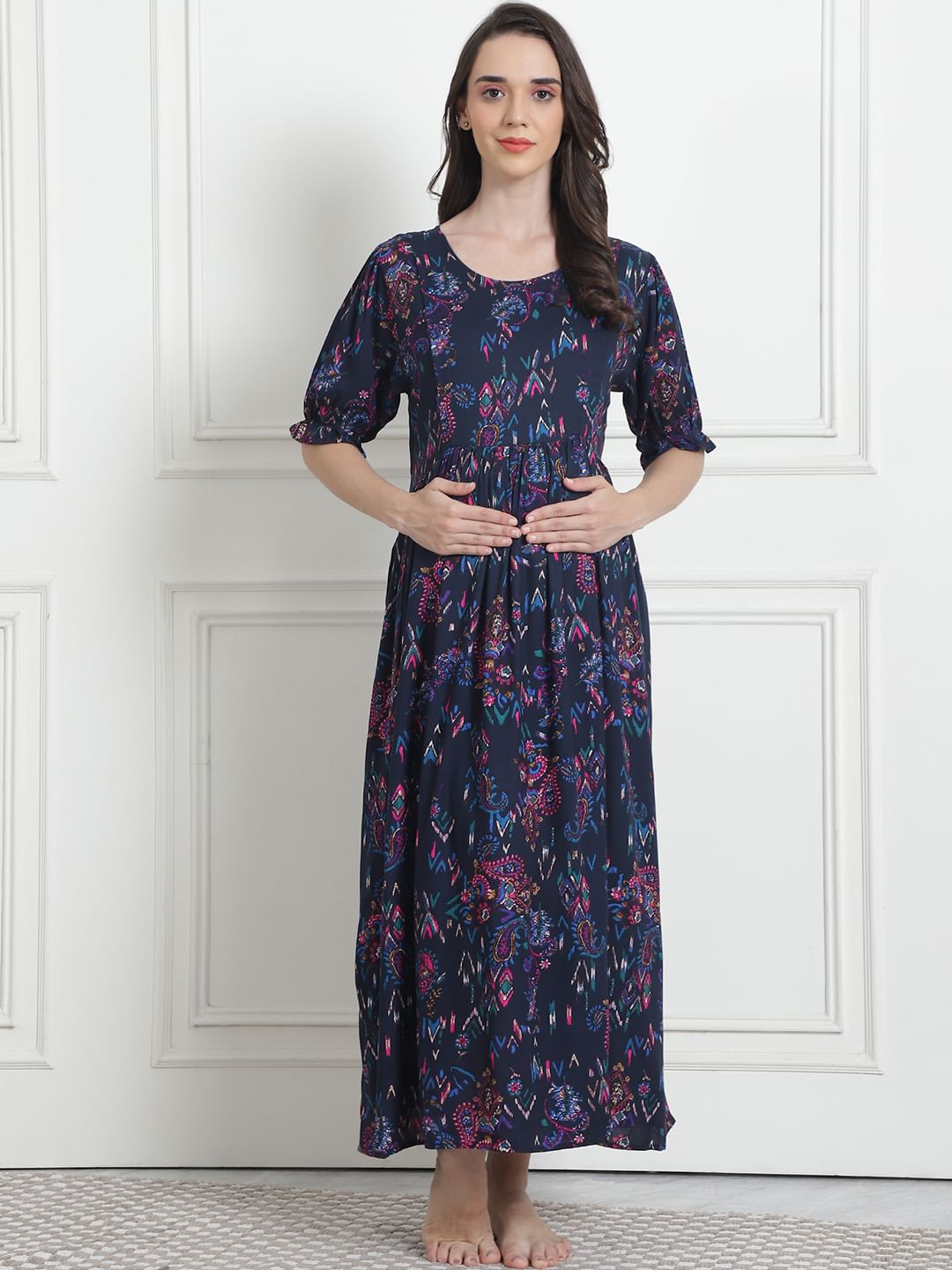 Floral Print Navy Blue Rayon Maternity Nightdress