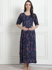 Floral Print Navy Blue Rayon Maternity Nightdress