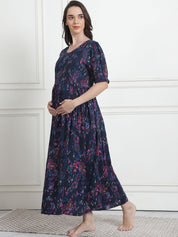 Floral Print Navy Blue Rayon Maternity Nightdress
