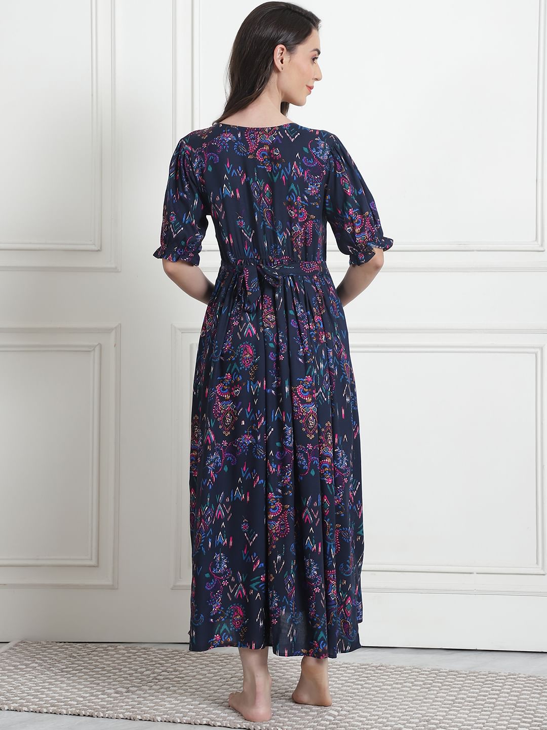 Floral Print Navy Blue Rayon Maternity Nightdress