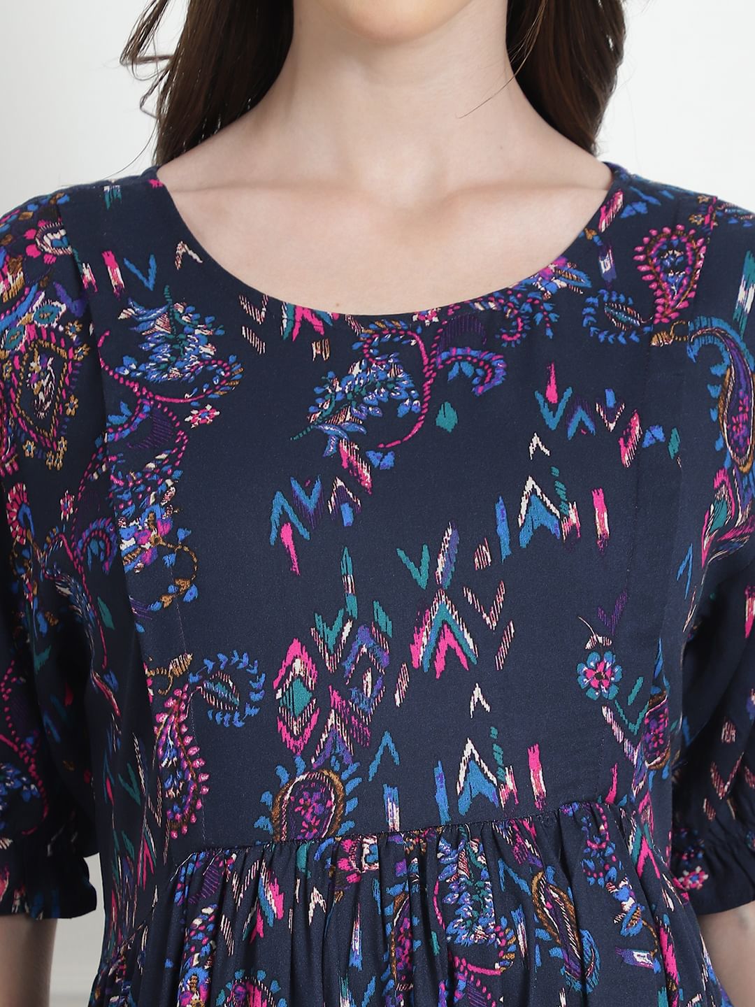 Floral Print Navy Blue Rayon Maternity Nightdress