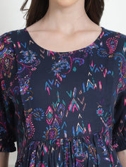 Floral Print Navy Blue Rayon Maternity Nightdress