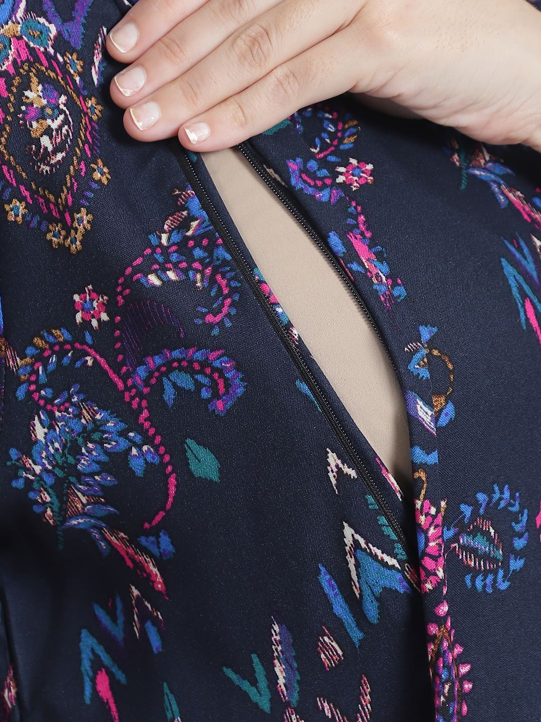 Floral Print Navy Blue Rayon Maternity Nightdress