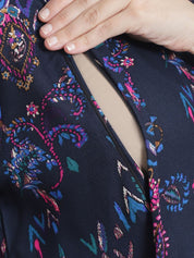 Floral Print Navy Blue Rayon Maternity Nightdress