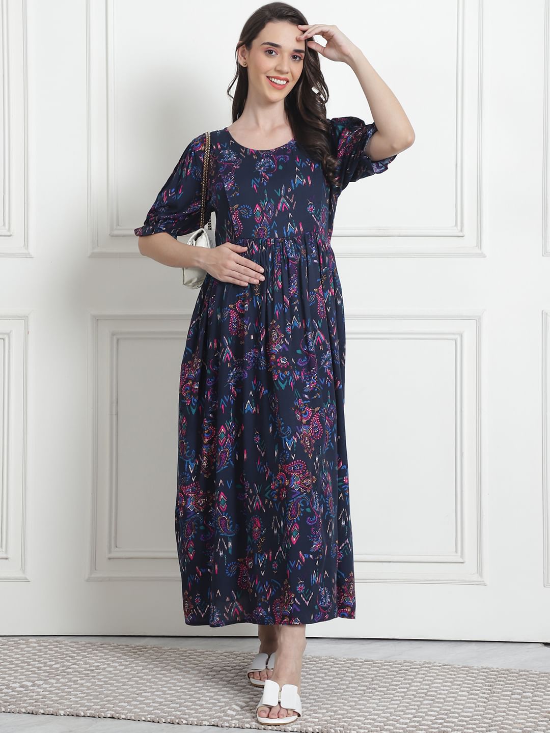 Floral Print Navy Blue Rayon Maternity Nightdress