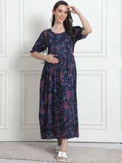 Floral Print Navy Blue Rayon Maternity Nightdress