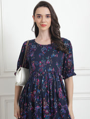 Floral Print Navy Blue Rayon Maternity Nightdress