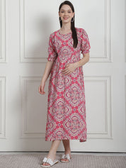 Geometric Print Pink Rayon Maternity Nightdress