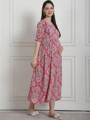 Geometric Print Pink Rayon Maternity Nightdress