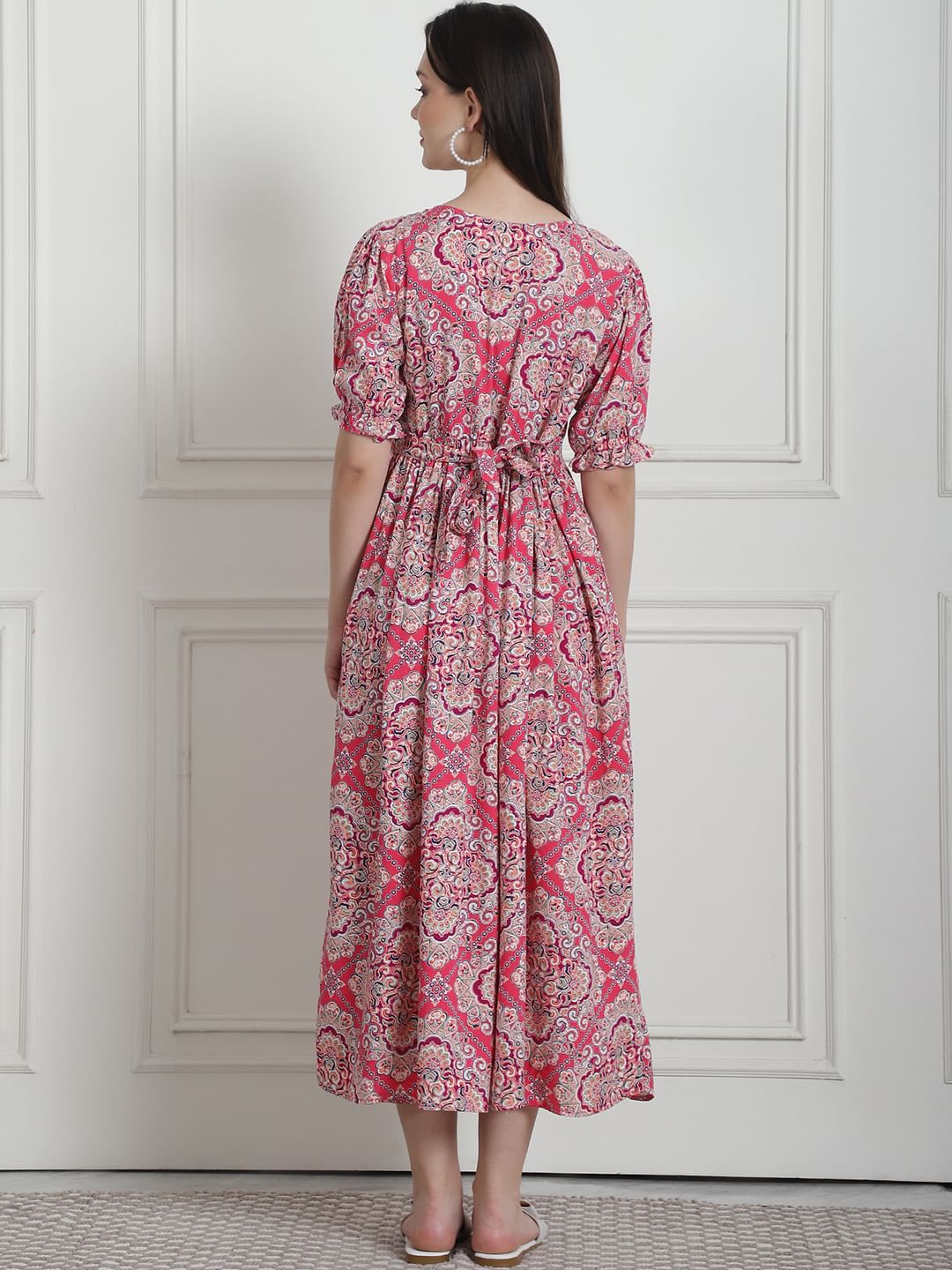 Geometric Print Pink Rayon Maternity Nightdress