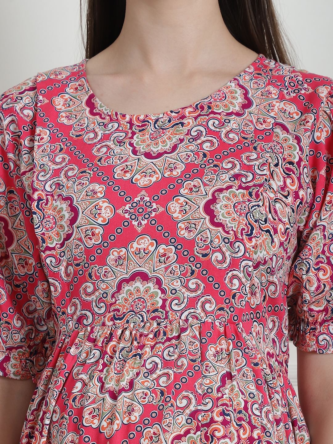 Geometric Print Pink Rayon Maternity Nightdress