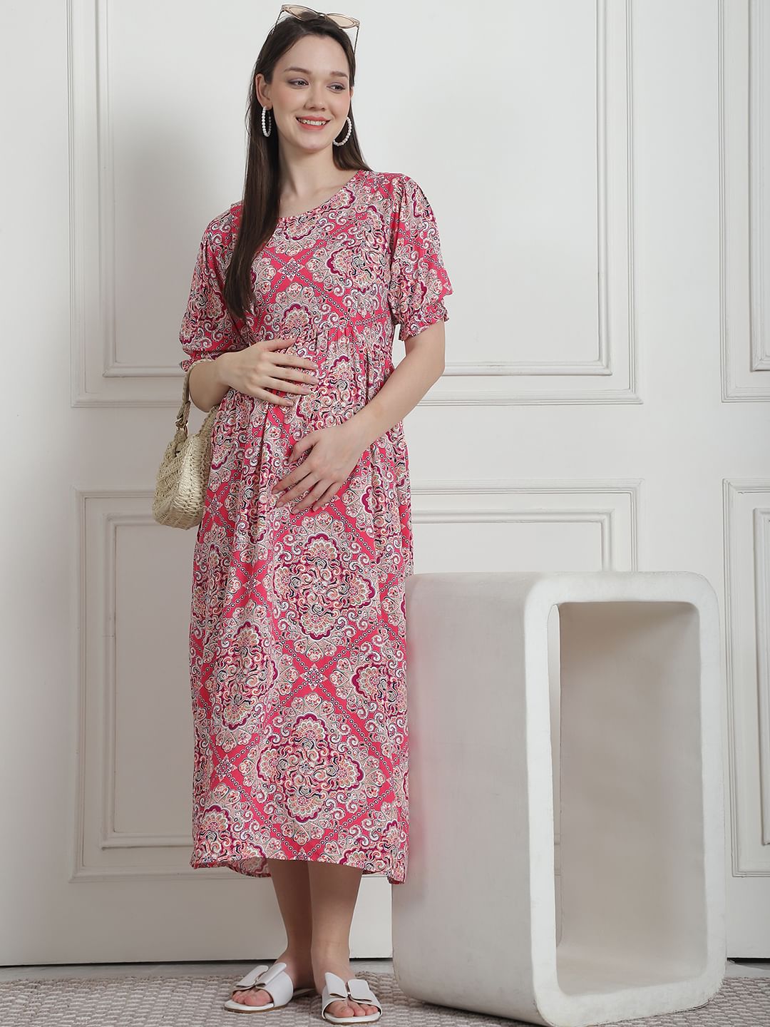 Geometric Print Pink Rayon Maternity Nightdress