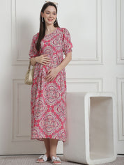 Geometric Print Pink Rayon Maternity Nightdress