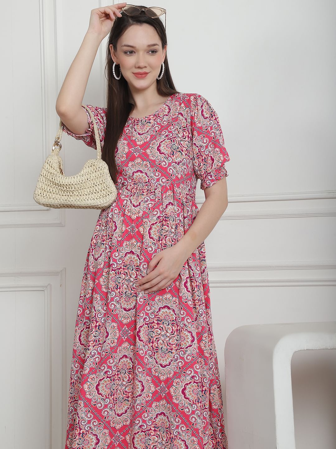 Geometric Print Pink Rayon Maternity Nightdress