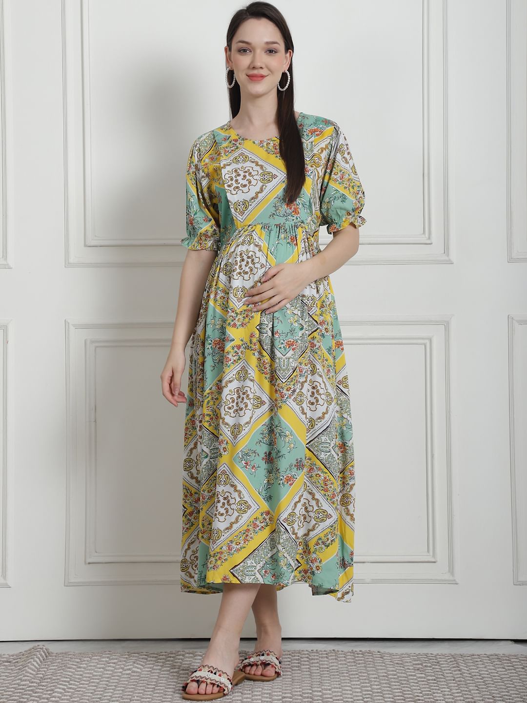 Geometric Print Yellow Rayon Maternity Nightdress